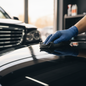 Technician buffing protective wax from polished vehicle surface using soft buffing pad and circular motion technique